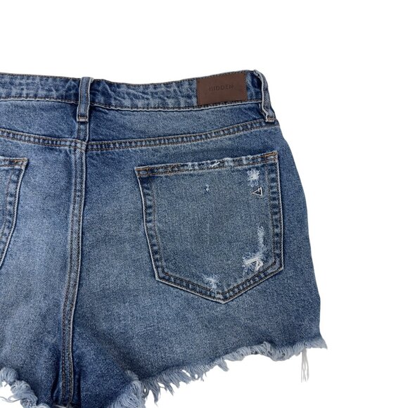 HIDDEN Women Distressed Blue Denim High-Waisted Shorts XL Frayed Hem Button Fly - Picture 10 of 13